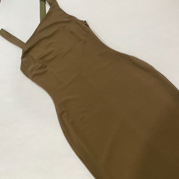 ~ Lauren Ralph Lauren 8 Cocktail Dress LRL Lined Midi Stretch Olive Asymmetrical - Picture 5 of 16